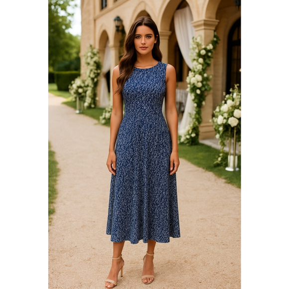 Vintage Jessica H Ditsy Floral Midi Dress Navy Fit & Flare Elegant Wedding Party - Picture 1 of 6